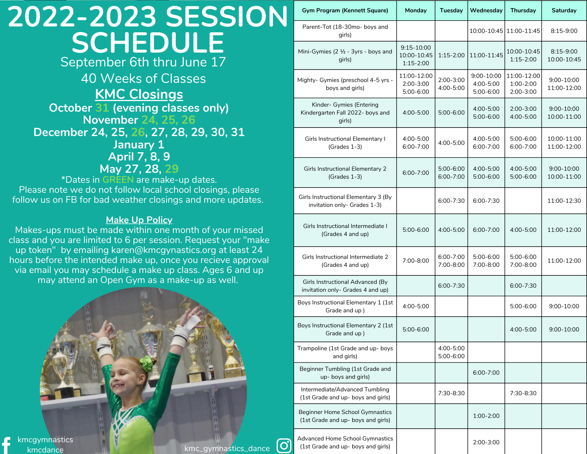 Gymnastics Schedule Fall 2022 Spring 2023 KMC Dance & Gymnastics