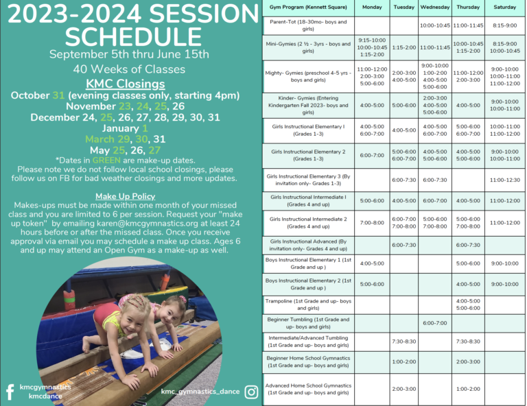 Gymnastics Schedule Fall 2023 Spring 2024 KMC Dance & Gymnastics
